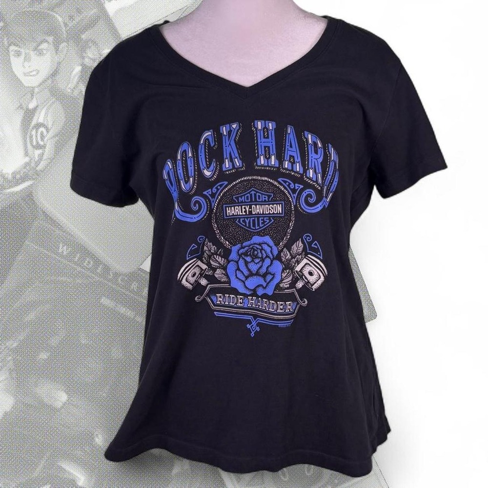 Vintage Y2K Black & Blue Harley Davidson Rose Rock Hard Graphic Top